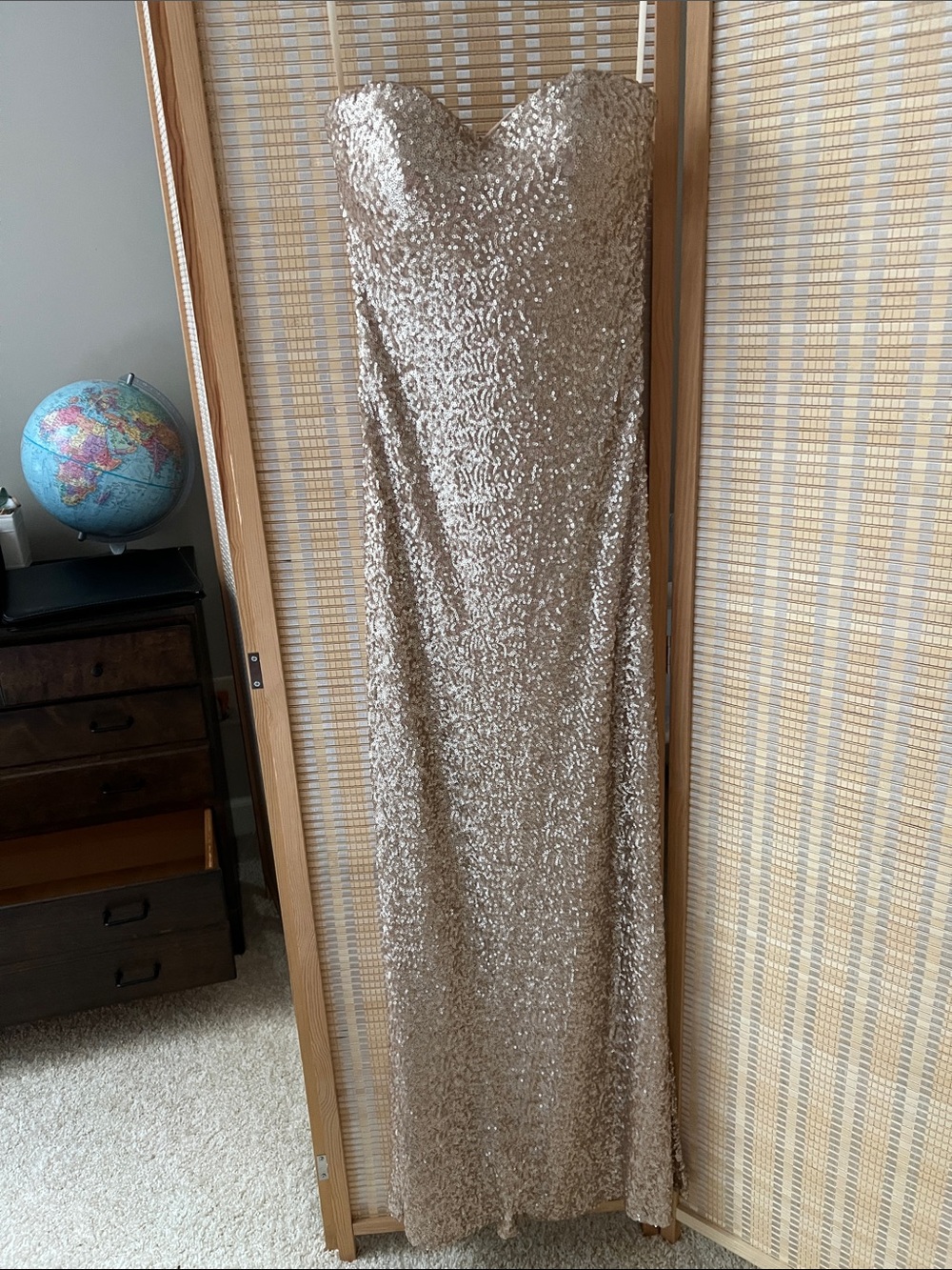 La Femme Strapless Sequin Gown in Champagne Gold